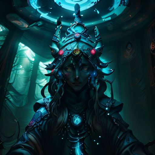 a woman with a helmet and a sword in a dark room with a circular window and a circular light