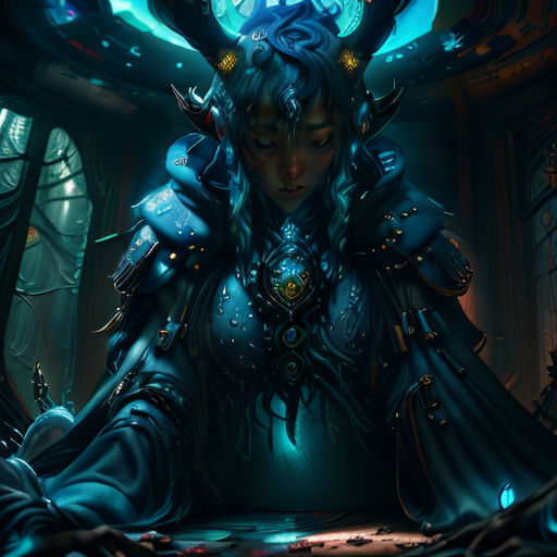a woman with horns and a blue dress in a room with a clock on the wall and a window
