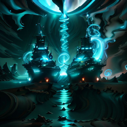 a futuristic artwork of a ship in a blue sea with a spiraly design on it's side