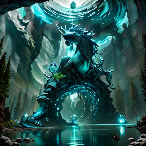 a digital painting of a creature sitting on a rock in a lake surrounded by trees and rocks, with a blue hue