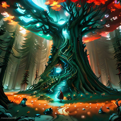 a fantasy forest with a tree and a man in the middle of it, surrounded by leaves and rocks