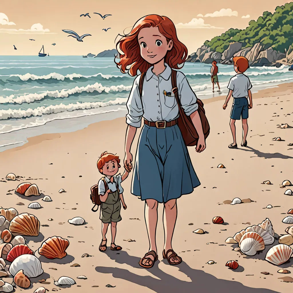 a woman and a boy walking on a beach with shells on the ground and a boat in the water, rayonism, a comic book panel, Colin Middleton, official art