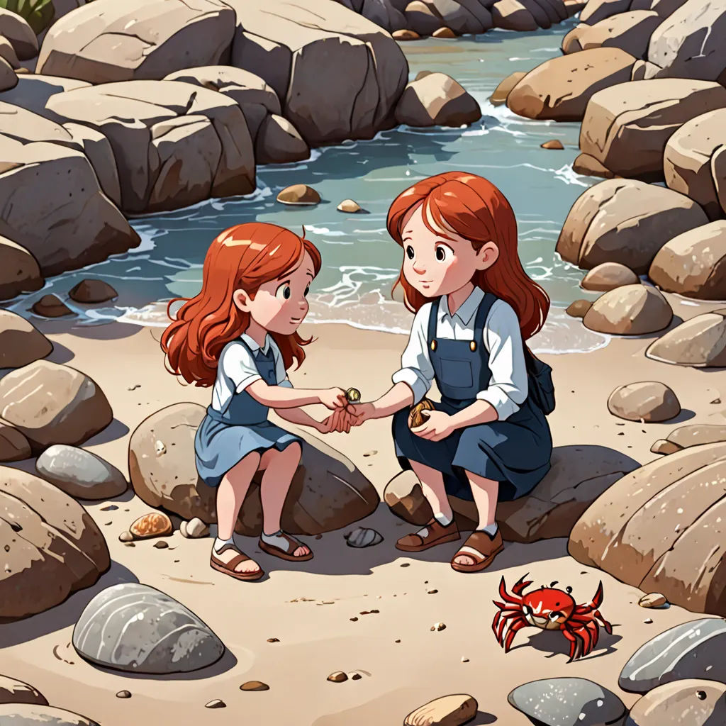 two girls sitting on rocks near a river and a crab on the beach, both holding hands with each other, lyco art, a storybook illustration, Cliff Childs, storybook illustration