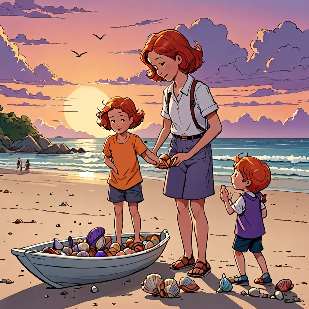 a woman and two children on a beach near a boat with shells in it and a sunset in the background, lyco art, a comic book panel, Brothers Hildebrandt, official art