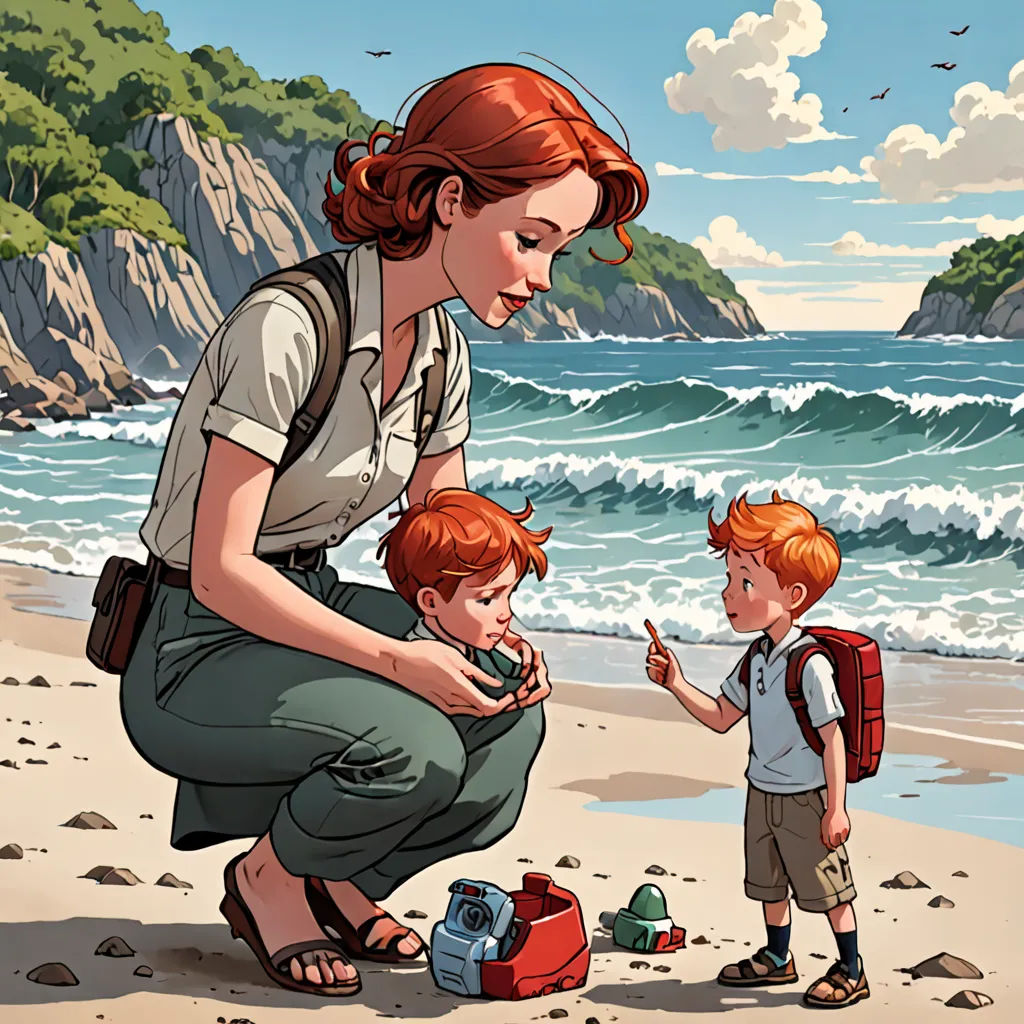 a woman kneeling down next to a little boy on a beach next to the ocean and a mountain range, fantastic realism, a storybook illustration, Brothers Hildebrandt, comic cover art