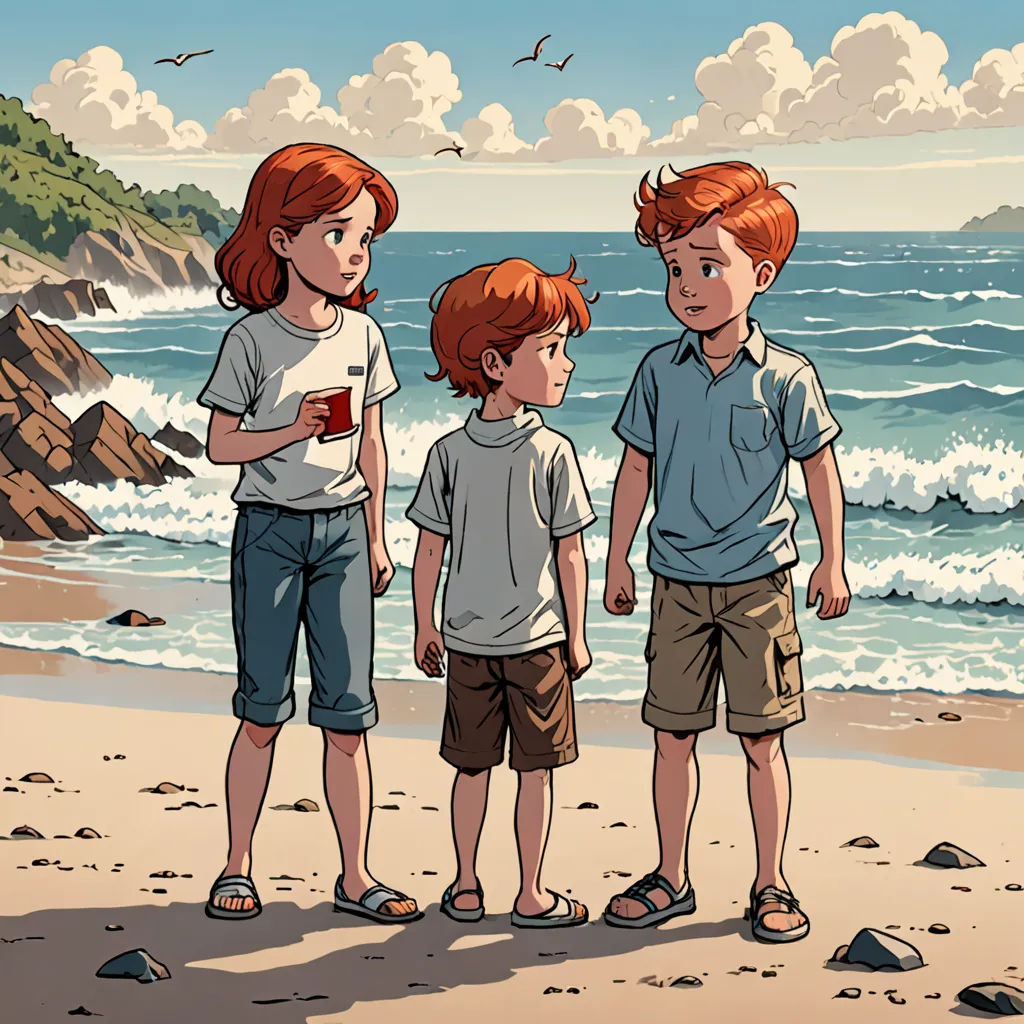 three children standing on a beach with a view of the ocean and a cliff in the background, with a bird flying overhead, lyco art, a comic book panel, Brothers Hildebrandt, comic cover art