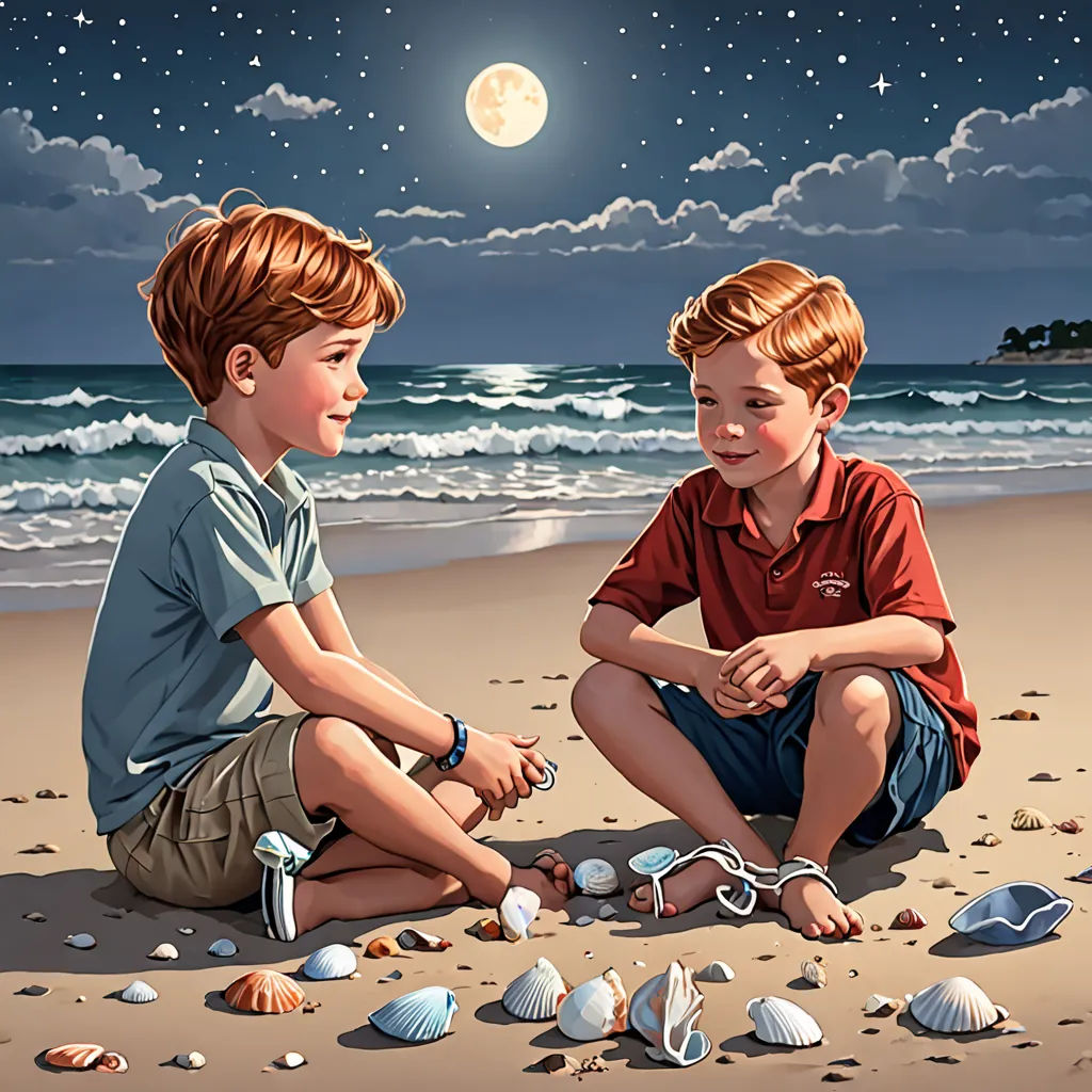 two boys sitting on the beach looking at the moon and stars above them, with shells scattered all over the sand, magic realism, a storybook illustration, Brothers Hildebrandt, highly detailed digital painting