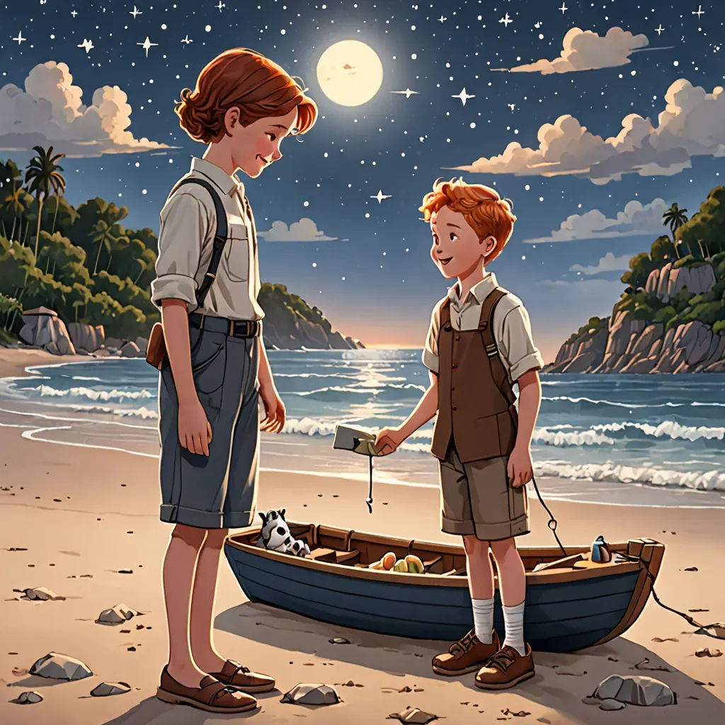 a boy and a boy standing on a beach next to a boat with a dog in it and a full moon in the sky, serial art, a storybook illustration, Aaron Jasinski, official art