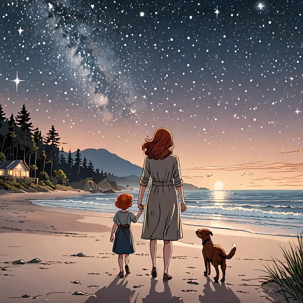 a woman and child walking on a beach under a night sky with stars and a dog on the beach, space art, a comic book panel, Colin Middleton, stars