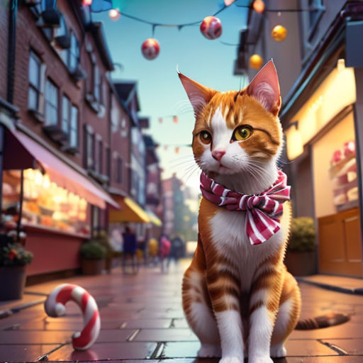 a cat sitting on a sidewalk in the middle of a city with christmas lights strung above it and a candy cane in the foreground