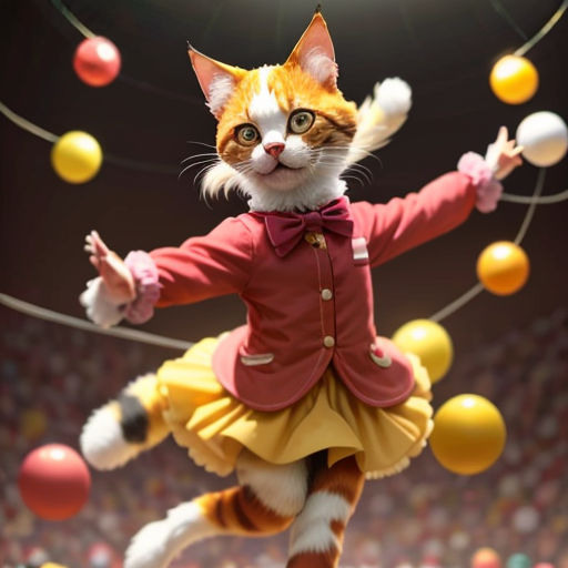 a cat dressed in a costume is juggling balls in a circus ring, with a crowd of people in the background
