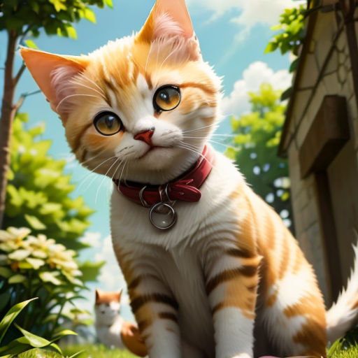 a cat with a collar sitting in the grass with a house in the background and a cat on the ground