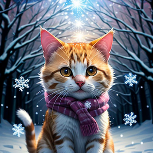 a cat wearing a scarf sitting in the snow with a light shining on it's face and a snowflaked background