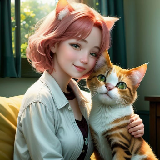 a woman holding a cat in her arms in a room with a window and curtains on the side of the room