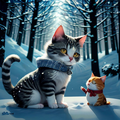 a cat and a cat in the snow with a snowman in the background, and a full moon in the sky