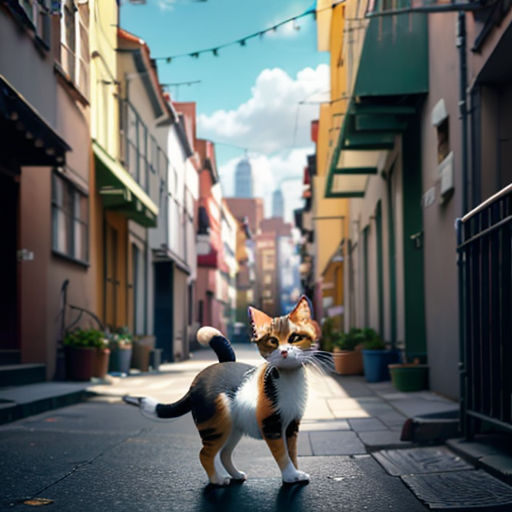 a cat standing on a street next to a building with a sky background and a string of lights strung across the street