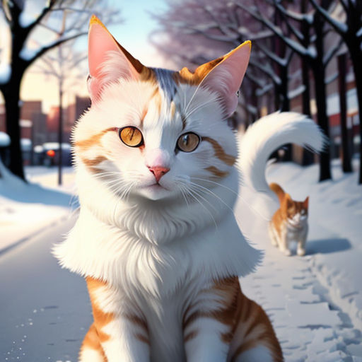 a cat sitting in the snow next to a cat walking by it's side on a snowy street