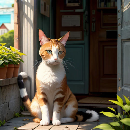 a cat sitting on a porch next to a potted plant and door way with a blue door and green door