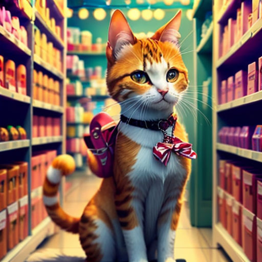 a cat sitting on a stool in a store aisle with a bow tie on it's neck and a bottle of wine in the background