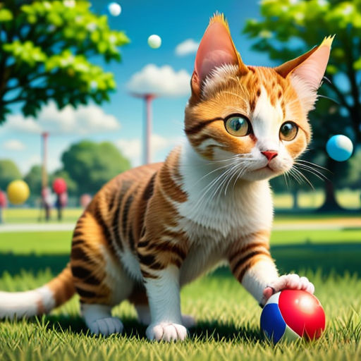 a cat playing with a ball in the grass with trees in the background and a blue sky in the background