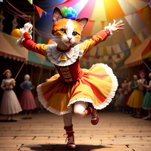 a cat dressed in a costume is dancing in front of a crowd of people in a circus tent with a circus tent in the background