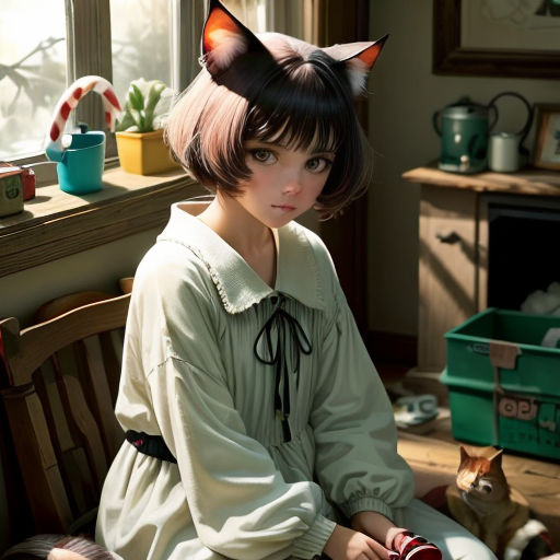 a woman sitting on a chair with a cat on her head and a cat on her shoulder, in a room with a cat on the floor