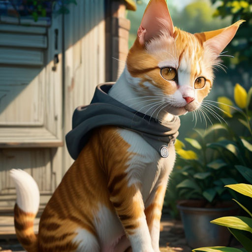 a cat sitting on the ground in front of a house with a cat in a scarf around its neck