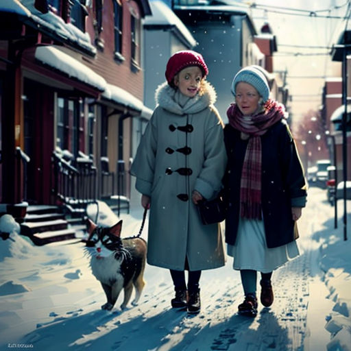 two women walking a dog in the snow in a neighborhood with houses and a cat on a leash in the foreground