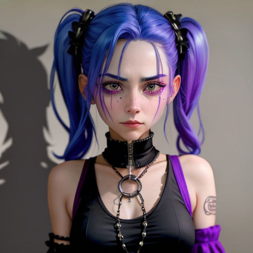 a woman with blue hair and a choker on her neck and a black top on her shoulders and a shadow of a cat behind her