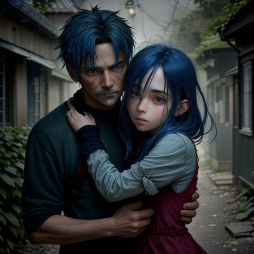 a man and a woman hugging in a street with a house in the background and a tree in the foreground