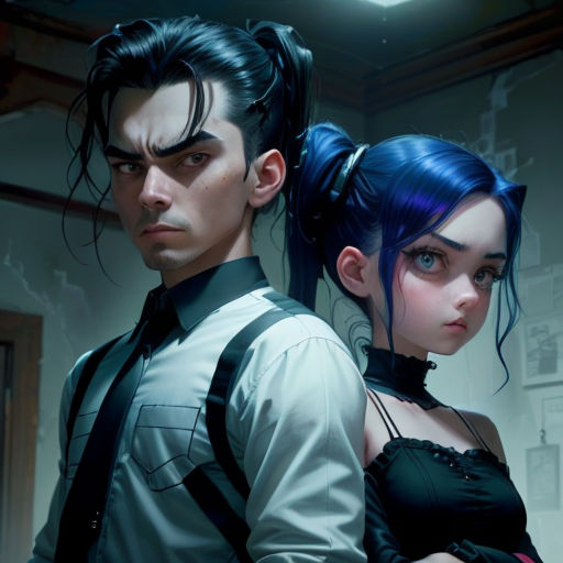 a man and a woman in a room with a clock on the wall behind them, and a man with blue hair and a tie