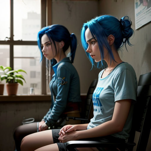two women with blue hair sitting in a chair in a room with a window and a plant in the corner