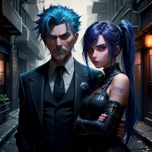 a man and a woman in a suit and tie standing next to each other in a city street with buildings