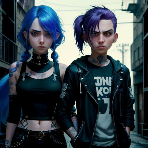 two people standing next to each other in a street with buildings in the background and one person with blue hair and piercings