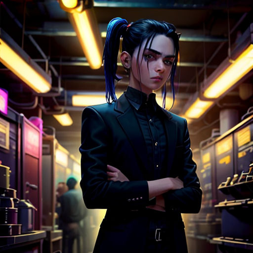 a woman with blue hair standing in a room with shelves of books and a man in a suit with his arms crossed