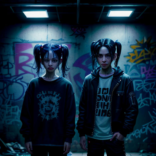 two people standing in a room with graffiti on the walls and a wall with a graffiti wall behind them