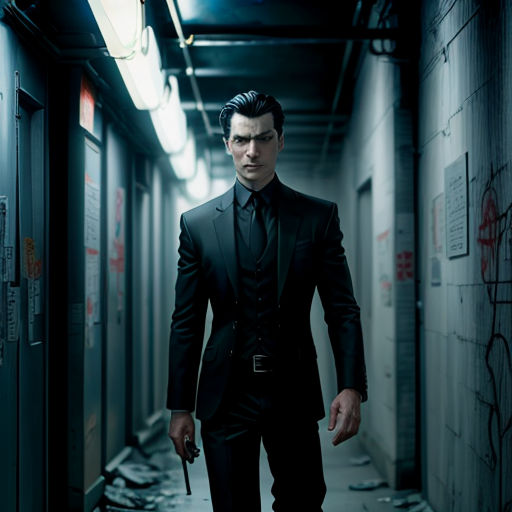 a man in a suit walking down a hallway with a knife in his hand and a gun in his other hand