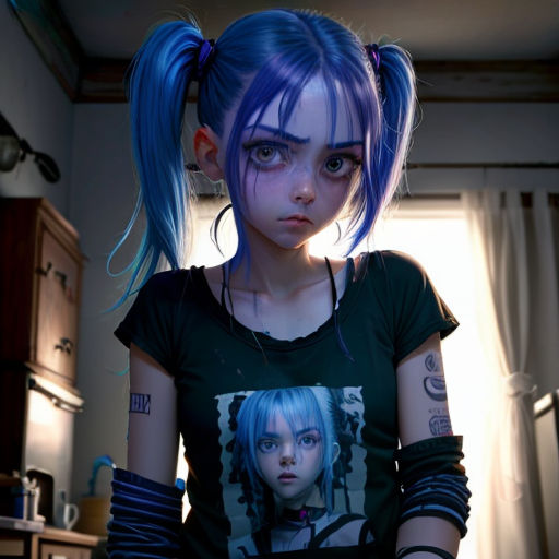 a girl with blue hair and tattoos on her arm and a t - shirt with a picture of a girl on it
