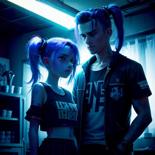 a couple of people standing next to each other in a room with a neon light on the ceiling and a shelf