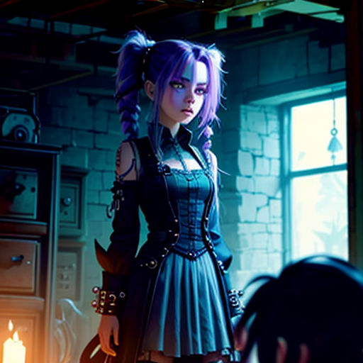 a woman in a dress and boots standing in a room with a fireplace and a man looking at her