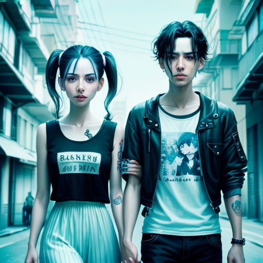 a couple of people standing next to each other on a street with buildings in the background and a sky background