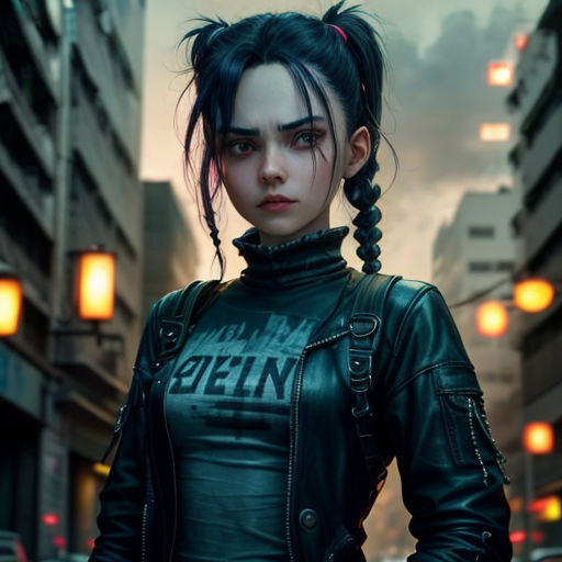 a woman in a leather outfit standing in a city street with her hands on her hips and looking at the camera