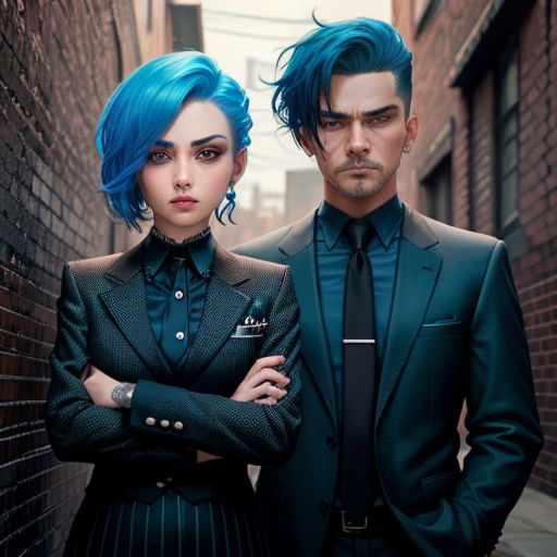a man and a woman standing next to each other in a alleyway with blue hair and black suit