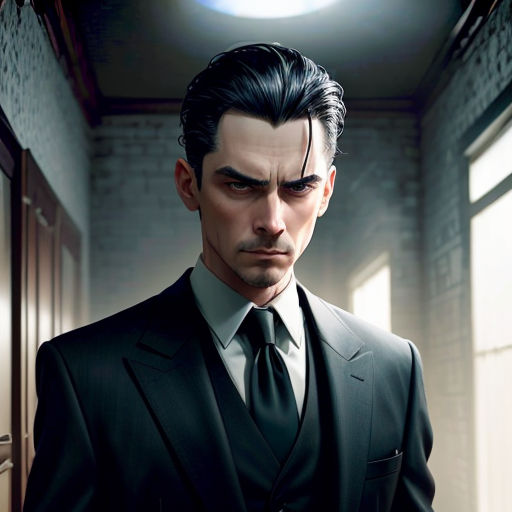 a man in a suit and tie standing in a hallway with a light on his face and a window