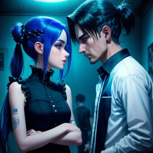 a man and a woman standing next to each other in a room with a light on the ceiling and a blue light on the ceiling