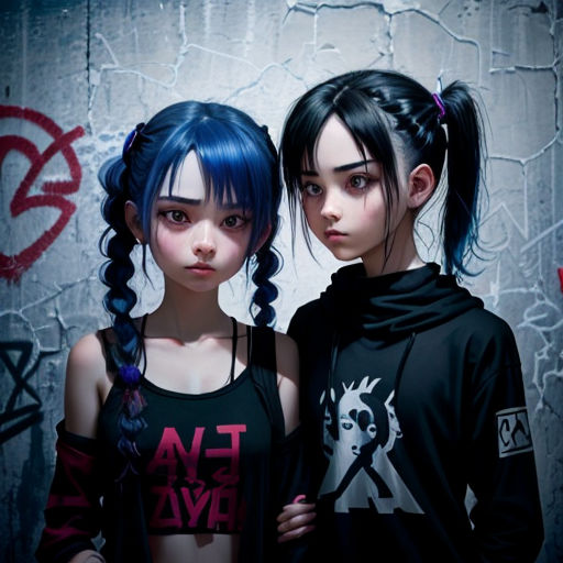 two young girls standing next to each other in front of a wall with graffiti on it and one girl with blue hair