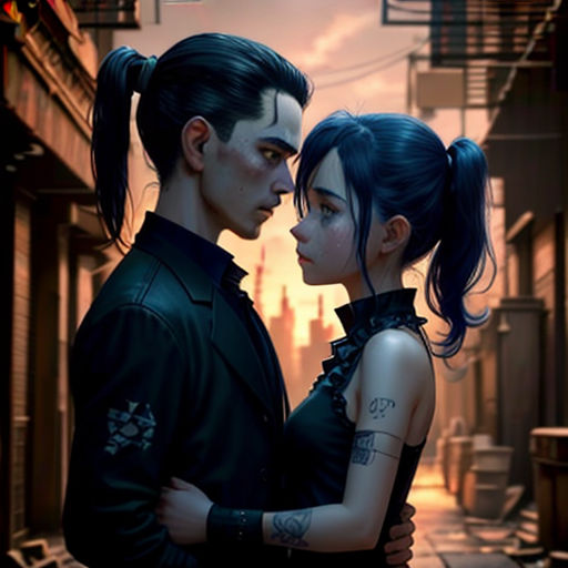 a couple is standing in the street with a city in the background and a sky in the background, with a red light