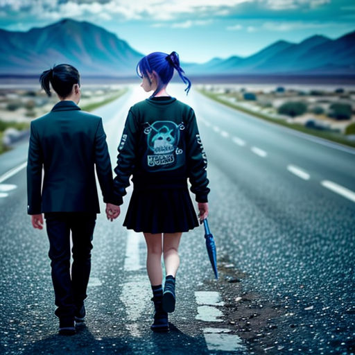 a couple of people walking down a road holding hands and holding an umbrella in the middle of the road