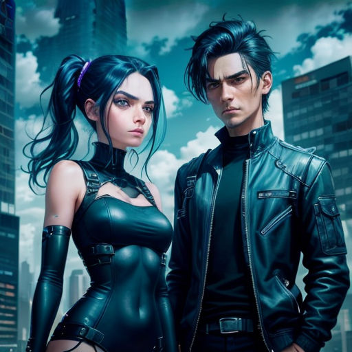a man and a woman in leather clothes standing next to each other in front of a cityscape