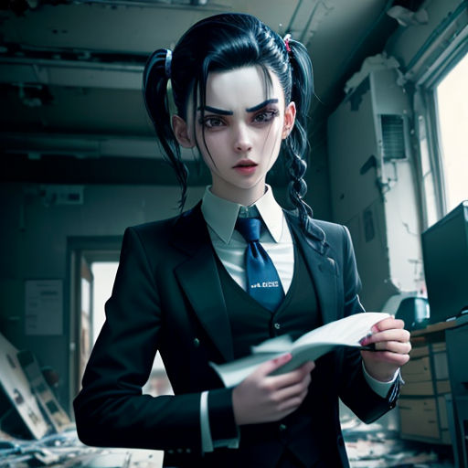a woman in a suit and tie holding a piece of paper in a room with a lot of debris